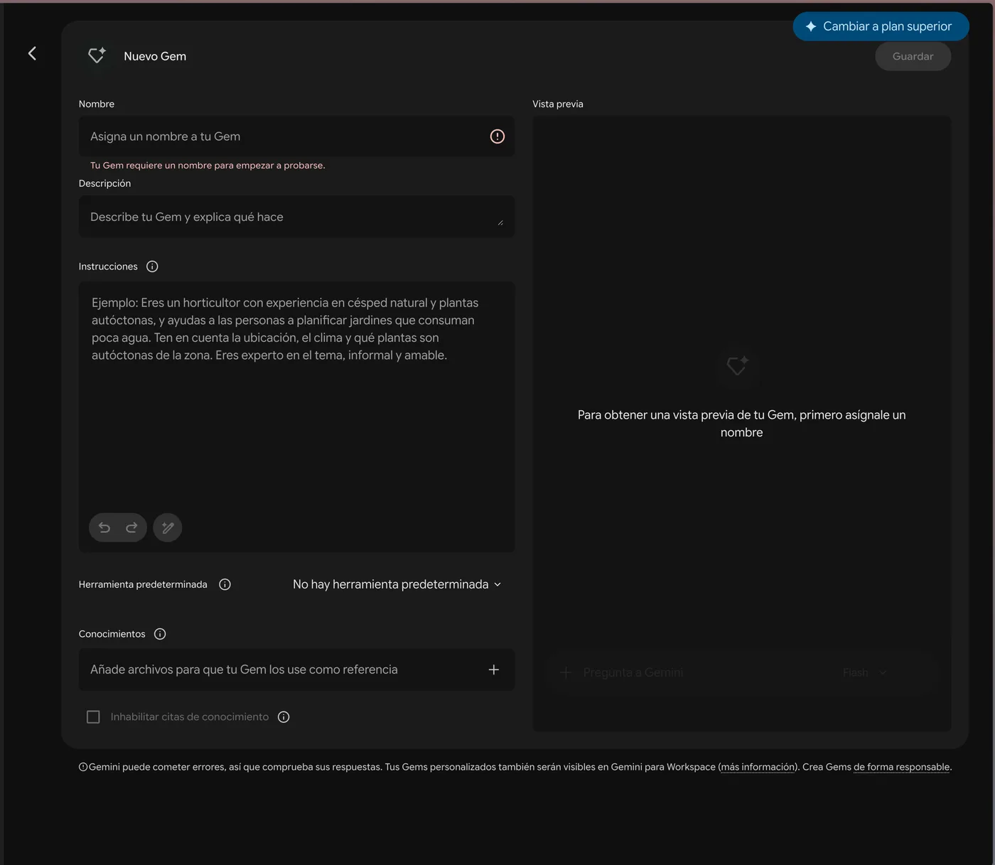 Editor de una Gem nueva en Gemini, con los campos Nombre, Descripción, Instrucciones, Herramienta predeterminada y Conocimientos vacíos. El botón Guardar está desactivado.
