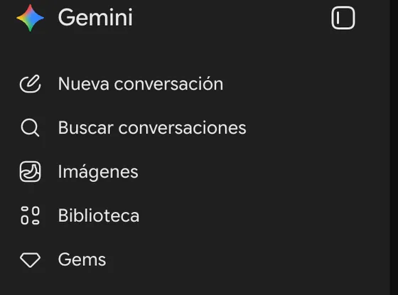 Barra lateral de Gemini. Bajo Nueva conversación, Buscar conversaciones, Imágenes y Biblioteca aparece la opción Gems.