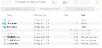 El Finder con la carpeta del proyecto: las carpetas .tmp, directives y execution, y los archivos AGENTS.md, CLAUDE.md y GEMINI.md de 6 KB, creados hoy a las 21:29.