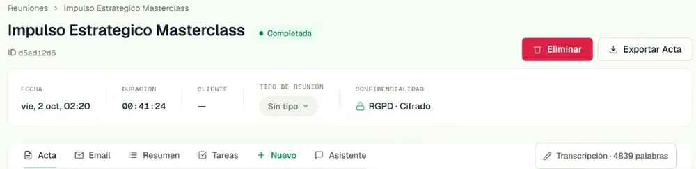 La reunión «Impulso Estrategico Masterclass» en Lexia, marcada como completada: fecha viernes 2 de octubre a las 02:20, duración 00:41:24, confidencialidad RGPD con cifrado, las pestañas Acta, Email, Resumen, Tareas, Nuevo y Asistente, y la transcripción de 4.839 palabras.