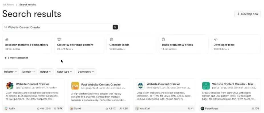Apify Store con la búsqueda Website Content Crawler: el primer resultado es Website Content Crawler de apify/website-content-crawler, publicado por Apify, con 4,6 estrellas y 167 mil usuarios; al lado aparecen otros actores con nombres parecidos de otros desarrolladores.