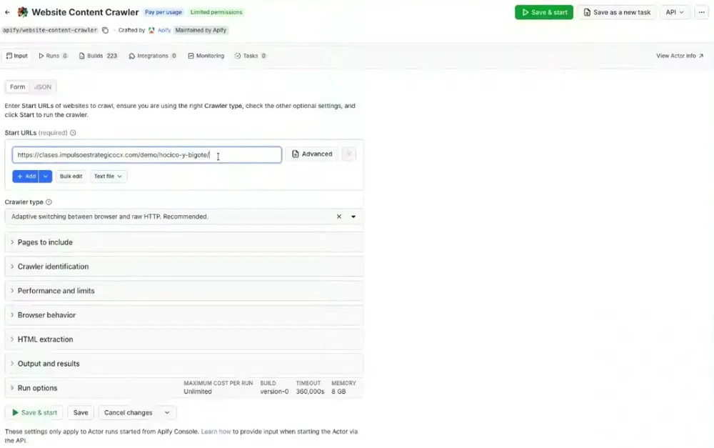 El formulario de Website Content Crawler en Apify: en Start URLs, la dirección de la tienda de ejemplo; debajo, el tipo de crawler recomendado y las secciones de opciones cerradas; arriba y abajo, el botón verde Save & start.