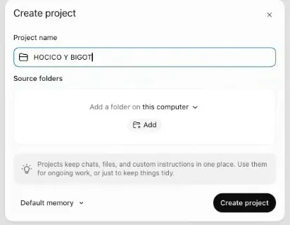 El cuadro Create project de la app de escritorio de ChatGPT: el nombre HOCICO Y BIGOTE, una opción para agregar una carpeta del computador, el selector Default memory y el botón Create project.