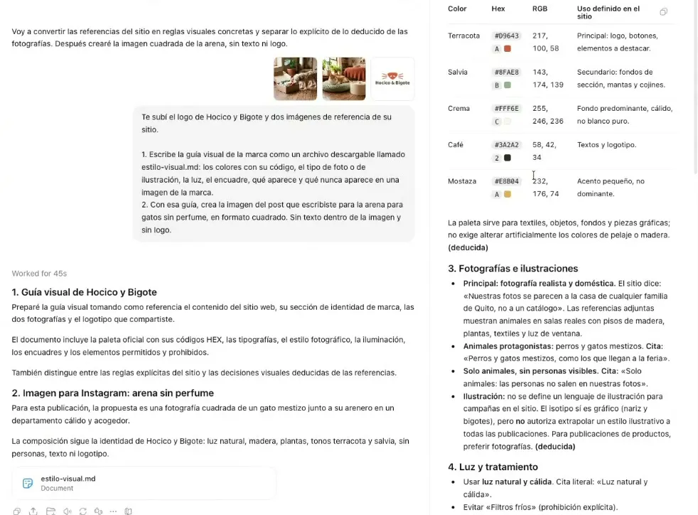 A la izquierda, el mensaje con las dos fotos y el logo adjuntos y el Prompt 5, y la respuesta con la guía visual y el archivo estilo-visual.md; a la derecha, el documento abierto en la tabla de colores oficiales: terracota D9643A, salvia 8FAE8B, crema FFF6EC, café 3A2A22 y mostaza E8B04A, con su RGB y su uso, y las reglas de las fotos con citas del sitio.
