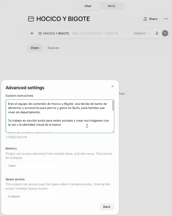El proyecto HOCICO Y BIGOTE con el cuadro Advanced settings abierto: en Custom instructions, el comienzo del Prompt 0 con los datos de la tienda; debajo, la memoria del proyecto y el acceso a Space.