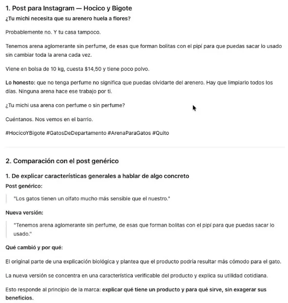 El post de Instagram que escribió ChatGPT con la voz de Hocico y Bigote: «¿Tu michi necesita que su arenero huela a flores? Probablemente no. Y tu casa tampoco.», la bolsa de 10 kg a 14,50 dólares, un párrafo que empieza con «Lo honesto:» y el cierre «Cuéntanos. Nos vemos en el barrio.»; debajo, el comienzo de la comparación con el post genérico.