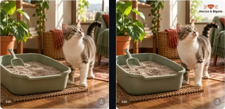 Dos imágenes generadas lado a lado: un gato atigrado junto a un arenero verde salvia en un living con plantas, madera y luz de tarde; a la derecha, la misma escena con el logo de Hocico y Bigote arriba a la derecha.