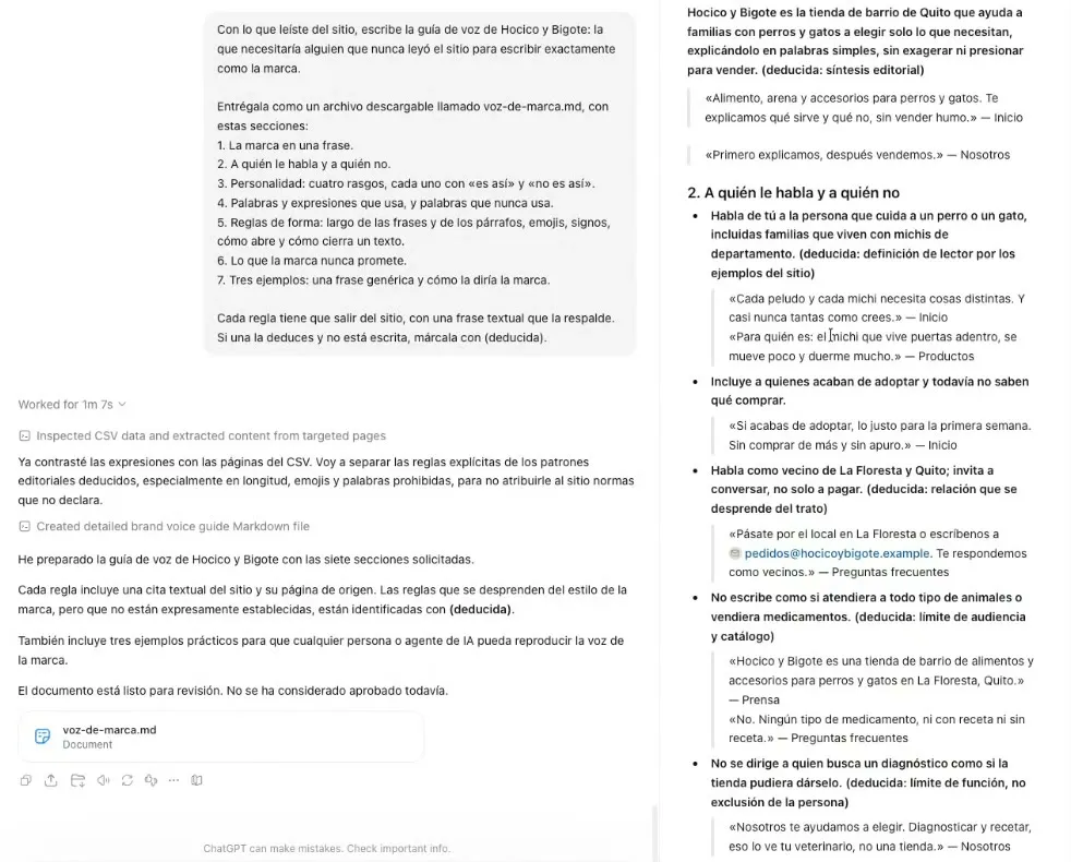 A la izquierda, el Prompt 2 y la respuesta de ChatGPT con el archivo voz-de-marca.md; a la derecha, el documento abierto: La marca en una frase y A quién le habla y a quién no, con cada regla seguida de una cita del sitio entre comillas y la página de donde sale, como Inicio, Productos o Preguntas frecuentes.