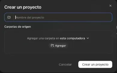 El cuadro «Crear un proyecto» de Codex: el campo Nombre del proyecto, la sección Carpetas de origen con «Agregar una carpeta en esta computadora» y el botón Agregar, y abajo Cancelar y Crear un proyecto.