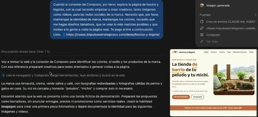 En Codex, el prompt dictado pidiendo explorar la página de Hocico y Bigote para crear creativos manteniendo la identidad y los colores, con la dirección de la tienda; y la respuesta: usó el navegador y Composio; la marca usa terracota, crema, verde salvia y café, con tipografías redondeadas y fotografías cálidas de perros y gatos en casa; su voz es cercana y honesta, «peludos», «michis» y comprar solo lo necesario; además, la web se presenta como una tienda ficticia de demostración, así que preparará las propuestas como borradores sin anunciar entregas, precios ni promociones como servicios reales, y usará la habilidad imagegen para una primera pieza fotorrealista. A la derecha, la portada del sitio.
