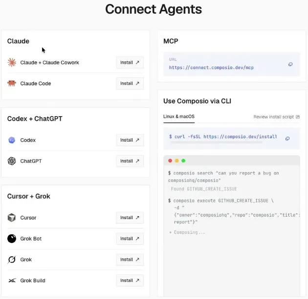 La página Connect Agents de Composio: Claude (Claude y Claude Cowork, Claude Code), Codex y ChatGPT, y Cursor y Grok, cada uno con su botón Install; a la derecha, la dirección MCP https://connect.composio.dev/mcp y «Use Composio via CLI», con el comando de instalación para Linux y macOS.