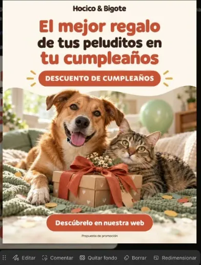 La imagen terminada, abierta en el visor de Codex: arriba Hocico & Bigote, el título «El mejor regalo de tus peluditos en tu cumpleaños» en terracota y café, una cinta «Descuento de cumpleaños», un perro mestizo sonriendo y un gato atigrado junto a una caja de regalo con moño terracota sobre una manta tejida, y el botón «Descúbrelo en nuestra web». Abajo, las herramientas del visor: Editar, Comentar, Quitar fondo, Borrar y Redimensionar.