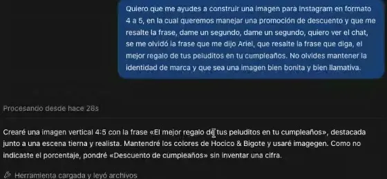 El pedido de la imagen para Instagram en formato 4:5 con una promoción de descuento y la frase «el mejor regalo de tus peluditos en tu cumpleaños», y la respuesta de Codex: creará una imagen vertical 4:5 con esa frase destacada junto a una escena tierna y realista, mantendrá los colores de Hocico & Bigote y usará imagegen; como no indicaste el porcentaje, pondrá «Descuento de cumpleaños» sin inventar una cifra.