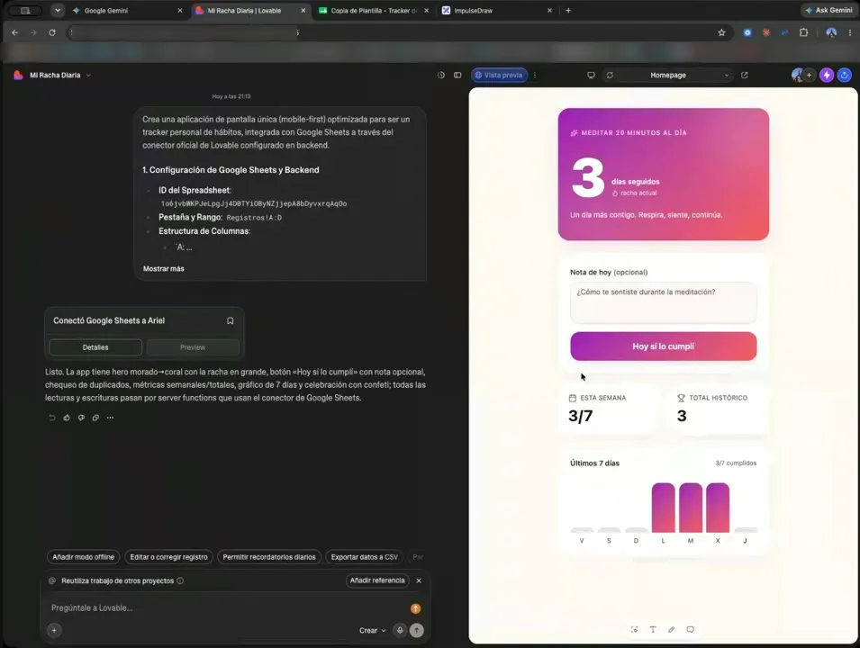 La app recién construida, mostrando una racha de 3 días y el botón «Hoy sí lo cumplí» todavía sin pulsar.