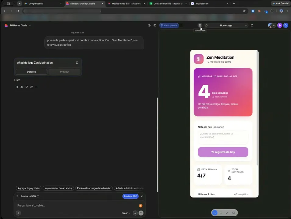 Vista previa móvil en Lovable: la app dentro de un marco de teléfono.