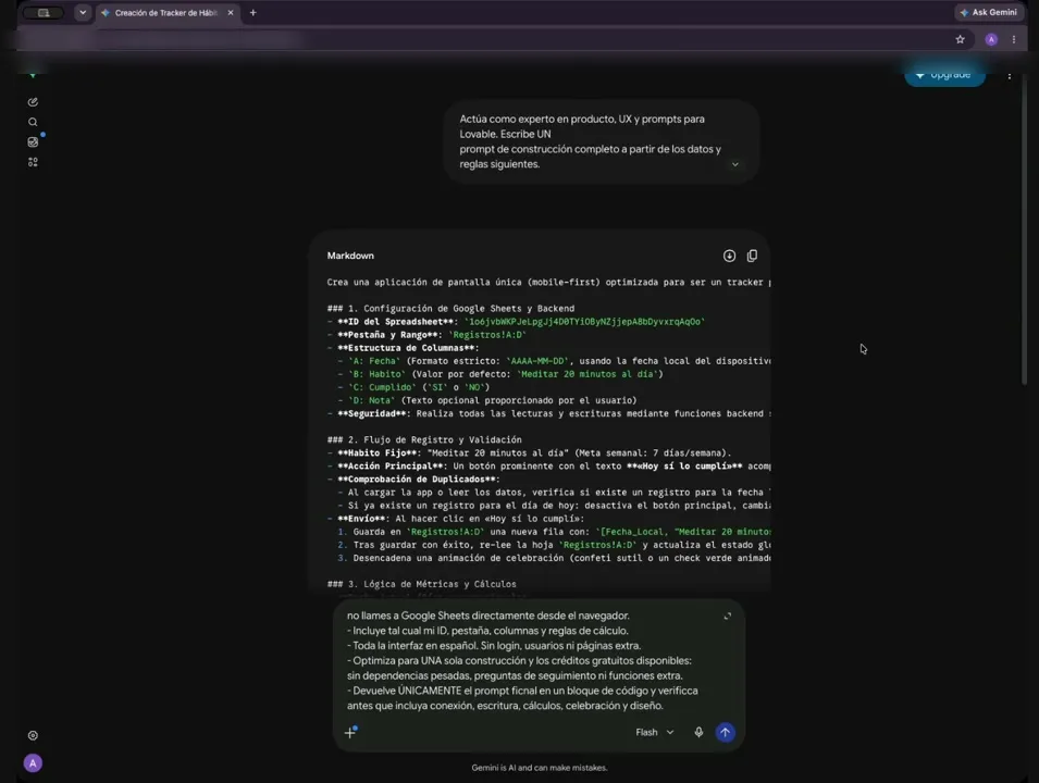 Gemini devolviendo el prompt de construcción dentro de un bloque de código, con secciones para el ID del spreadsheet, la pestaña y rango, la estructura de columnas y el flujo de registro.