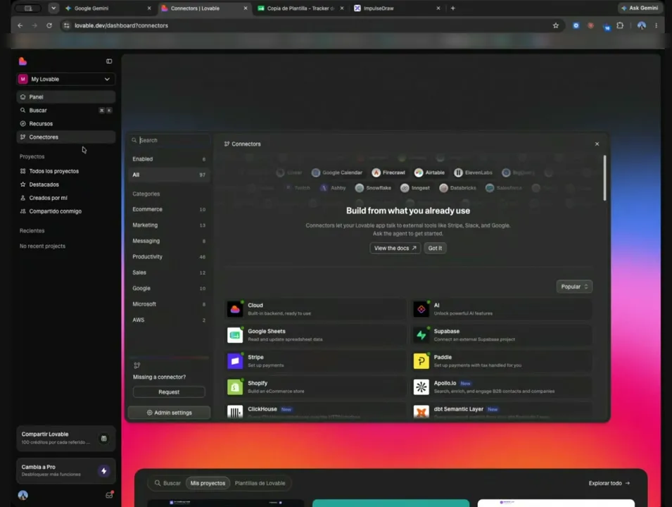 Panel de conectores de Lovable, con las categorías a la izquierda y la rejilla de aplicaciones disponibles donde aparece Google Sheets.