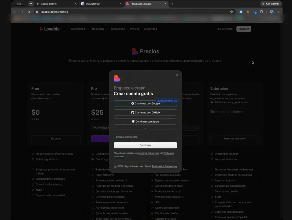 Ventana de registro de Lovable con las opciones de crear cuenta con Google, GitHub o Apple, y un campo de correo.