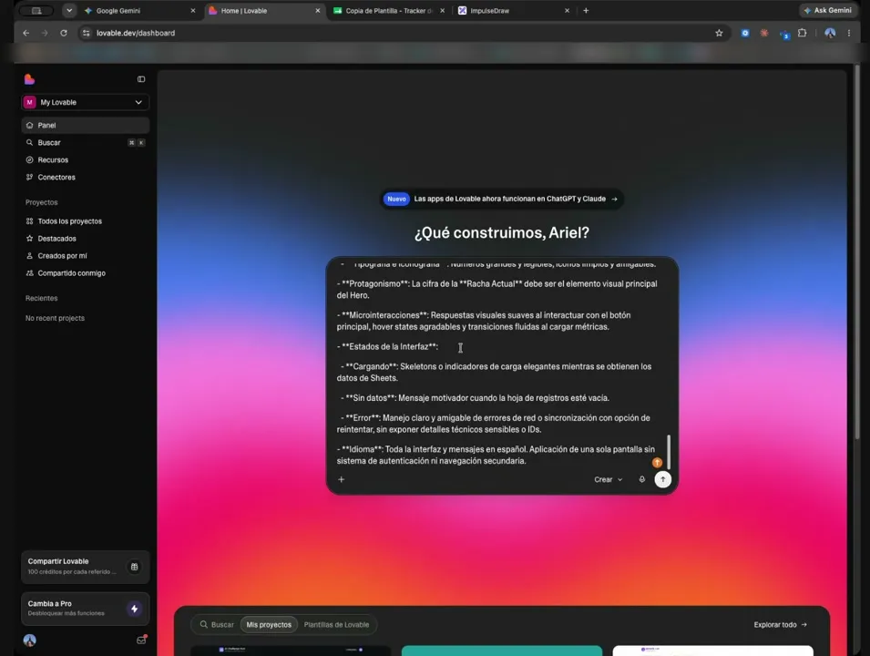 La caja principal de Lovable con el prompt de construcción ya pegado, ocupando varias líneas.