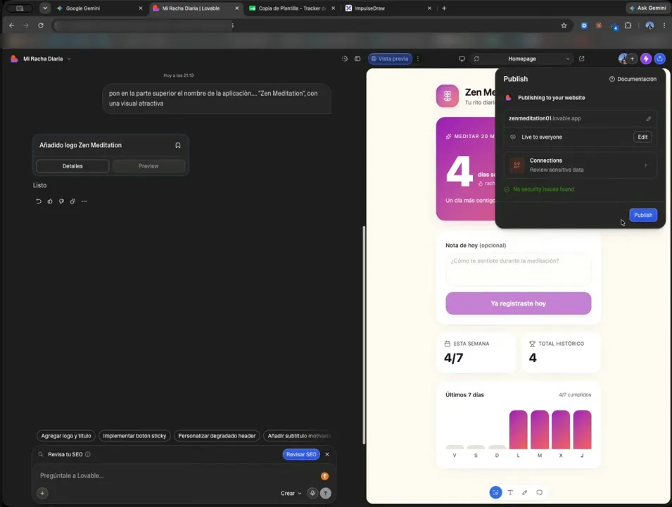 Panel de publicación de Lovable, con el dominio asignado, la opción «Live to everyone», el aviso «No security issues found» y el botón Publish.