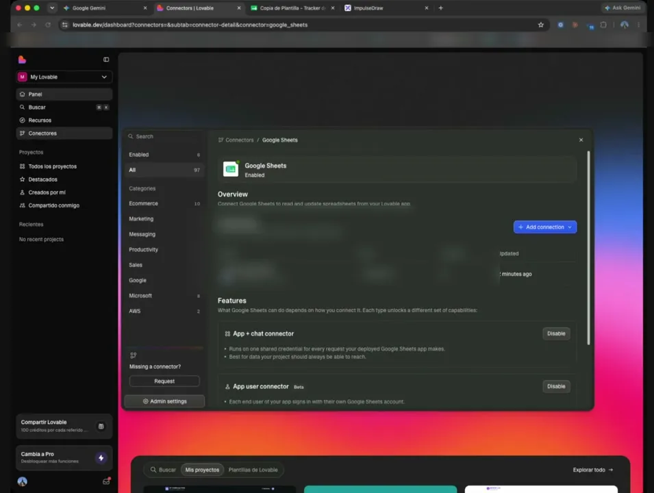 Ficha del conector de Google Sheets en Lovable, marcada como Enabled, con la conexión ya creada.
