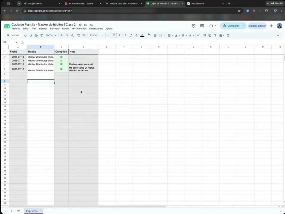 La hoja de Google Sheets con una cuarta fila nueva, escrita por la app, con la fecha de hoy.