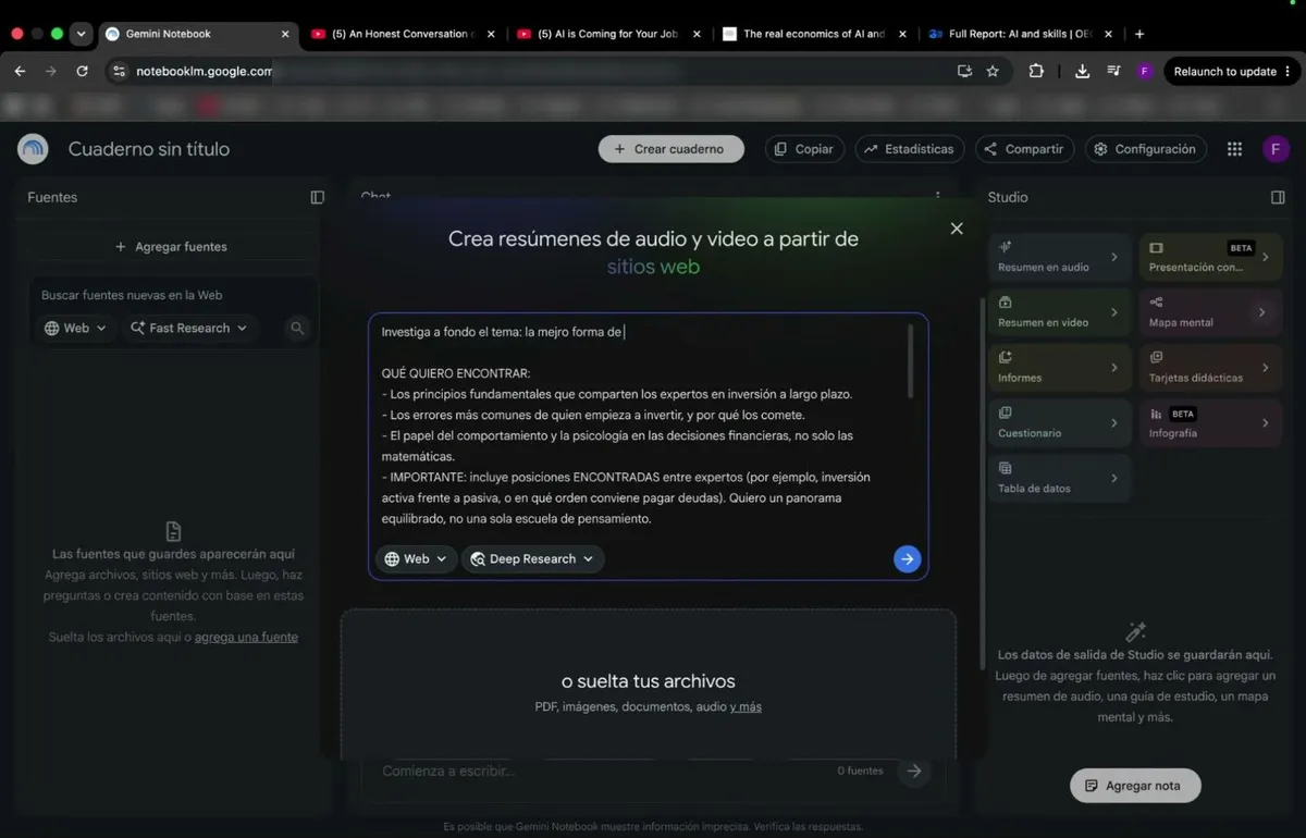 El buscador de fuentes de un cuaderno nuevo con el prompt de investigación pegado y el modo Deep Research seleccionado.