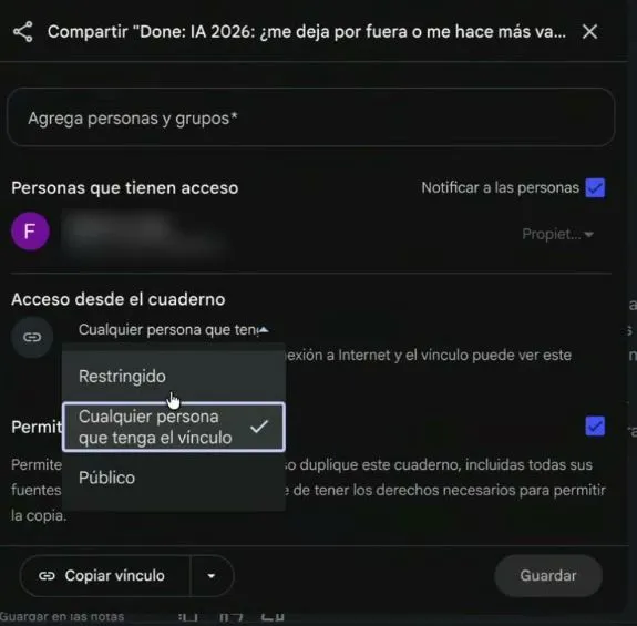 El diálogo de compartir un cuaderno, con las opciones de acceso Restringido, Cualquier persona que tenga el vínculo, y Público.