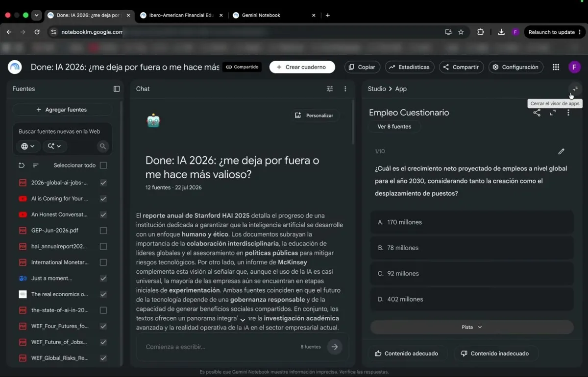 El cuestionario del Studio mostrando la pregunta 1 de 10, sobre el crecimiento neto de empleos proyectado a 2030, con cuatro alternativas.