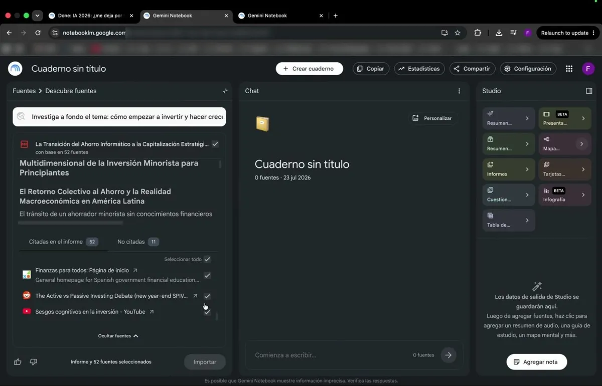 El resultado de una búsqueda profunda: un informe con 52 fuentes citadas y 11 no citadas, la lista de fuentes con casillas para elegir y el botón Importar.