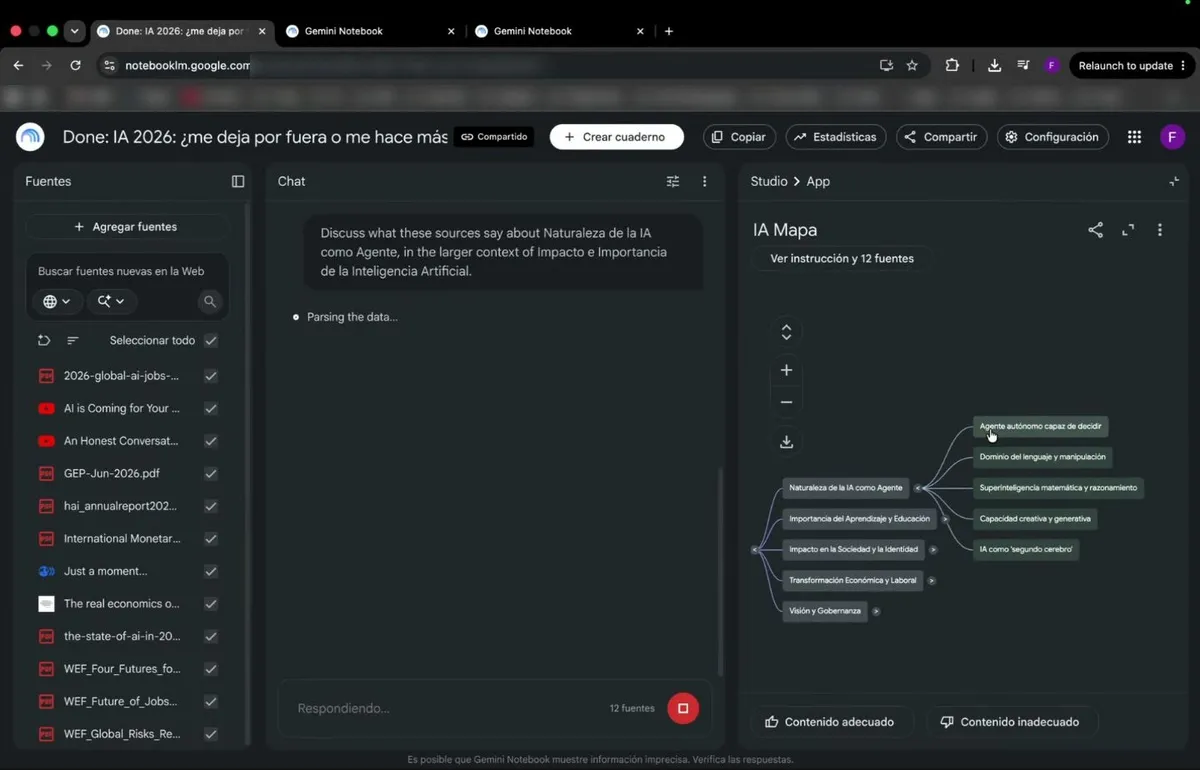 Un mapa mental generado por el Studio: el tema central se ramifica en agente autónomo, aprendizaje y educación, impacto en la sociedad, transformación económica y gobernanza.