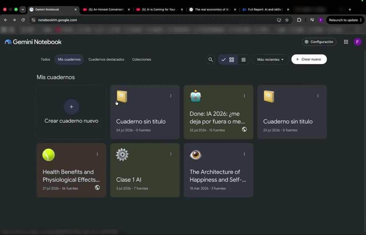 La pantalla de inicio de Gemini Notebook, con la sección Mis cuadernos y la tarjeta «Crear cuaderno nuevo» a la izquierda.
