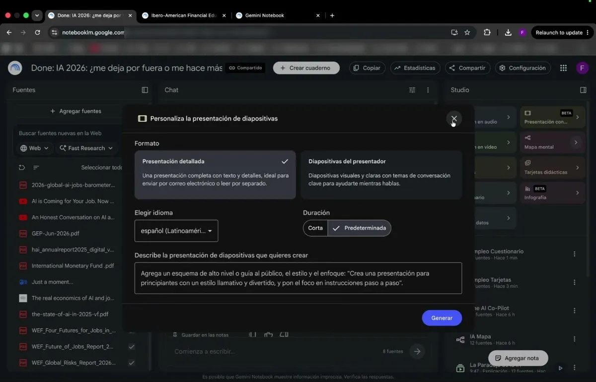 El diálogo Personaliza la presentación de diapositivas: formato Presentación detallada seleccionado, idioma español, duración, y la descripción del enfoque escrita en el campo de texto.