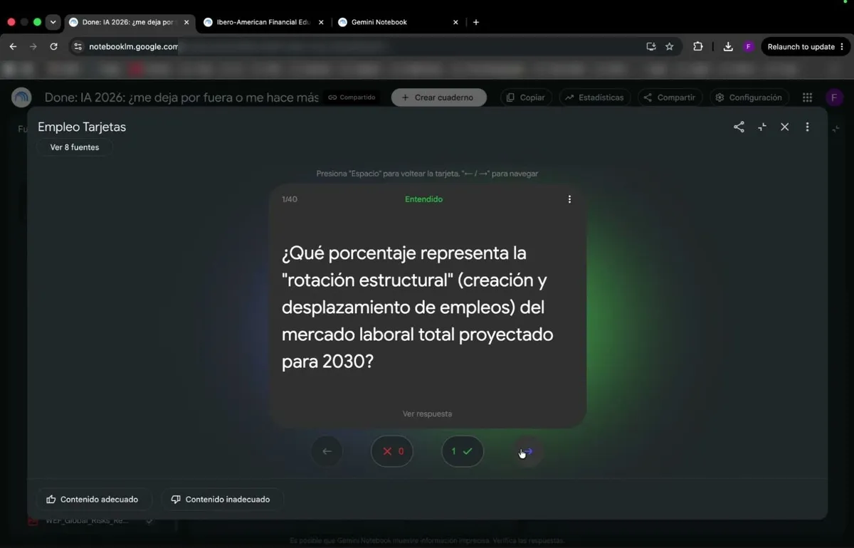 Una tarjeta didáctica en pantalla completa con una pregunta sobre la rotación estructural del mercado laboral proyectada para 2030, y los controles para marcar si la sabías o fallaste.