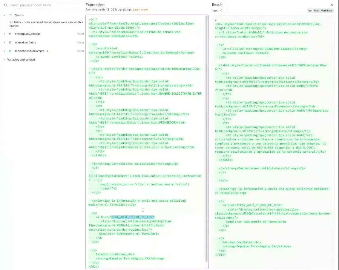 El panel de expresiones de n8n dividido en dos: a la izquierda, la columna Expression con el HTML del correo y sus llaves; a la derecha, la columna Result con el mismo HTML ya resuelto, mostrando el número de solicitud, el nombre del solicitante y el motivo reales. En la expresión aparece resaltado el texto PEGA_AQUÍ_TU_URL_DE_TEST, todavía sin reemplazar.