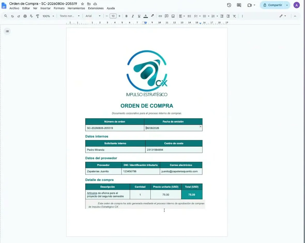 La orden de compra abierta en Google Docs: el logo de Impulso Estratégico arriba, el título ORDEN DE COMPRA, y cuatro tablas con el número de orden y la fecha, los datos internos del solicitante y centro de costo, los datos del proveedor con su DNI y correo, y el detalle de compra con descripción, cantidad, precio unitario y total en dólares.