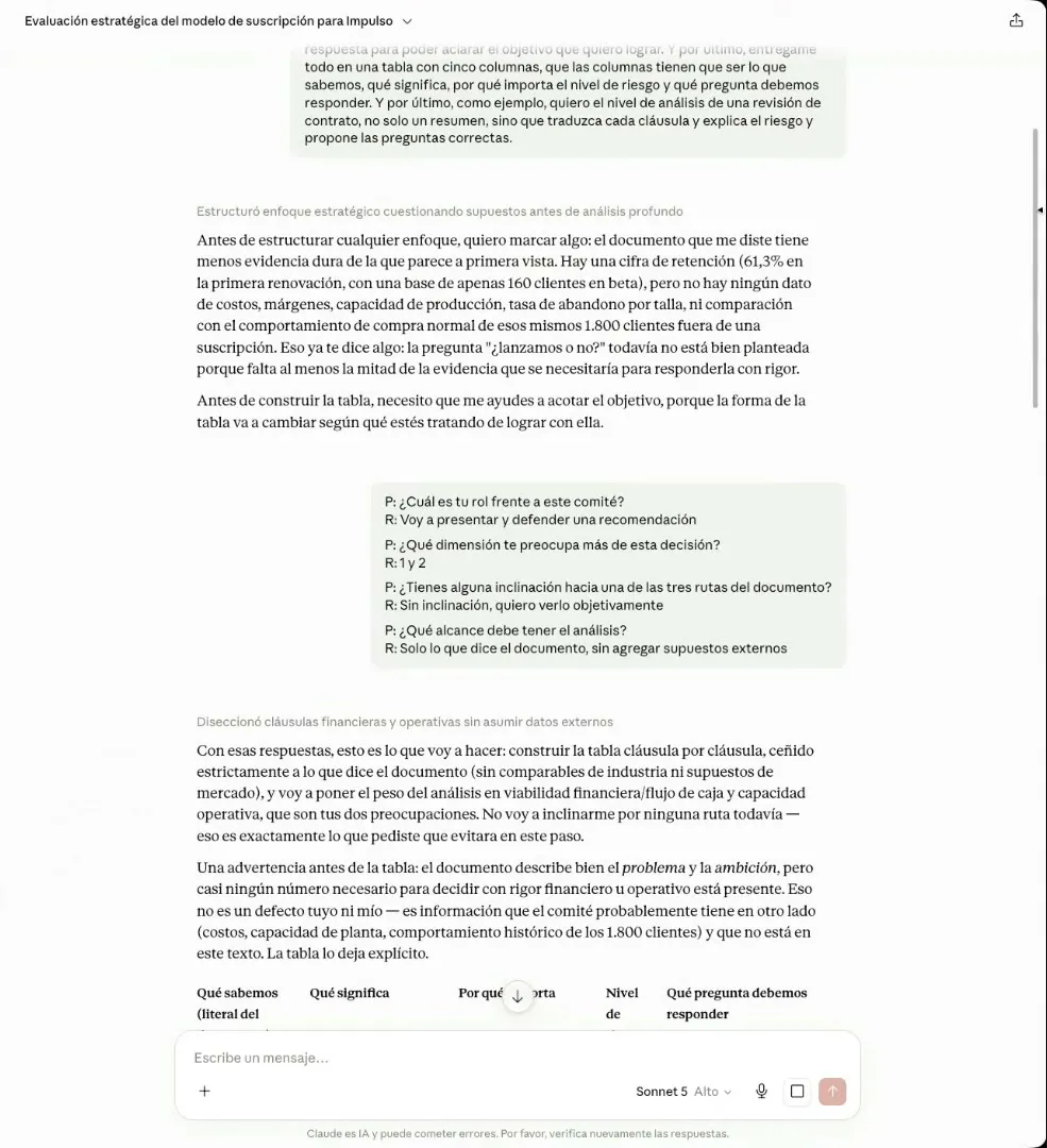 Las cuatro preguntas ya respondidas, el análisis del modelo distinguiendo problema de ambición, y el encabezado de la tabla de cinco columnas: qué sabemos, qué significa, por qué importa, nivel de riesgo y qué pregunta debemos responder.