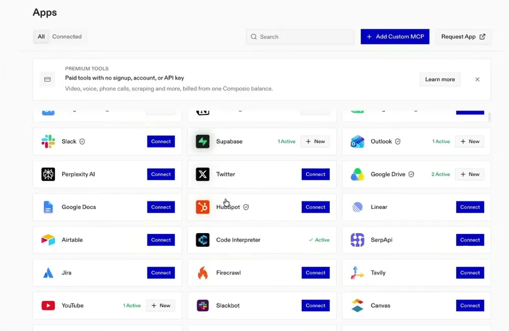 El catálogo de aplicaciones de Composio: una cuadrícula con Slack, Supabase, Outlook, Perplexity AI, Twitter, Google Drive, Google Docs, HubSpot, Linear, Airtable, Code Interpreter, SerpApi, Jira, Firecrawl, Tavily, YouTube, Slackbot y Canvas, cada una con su botón Connect y algunas marcadas como «Active».
