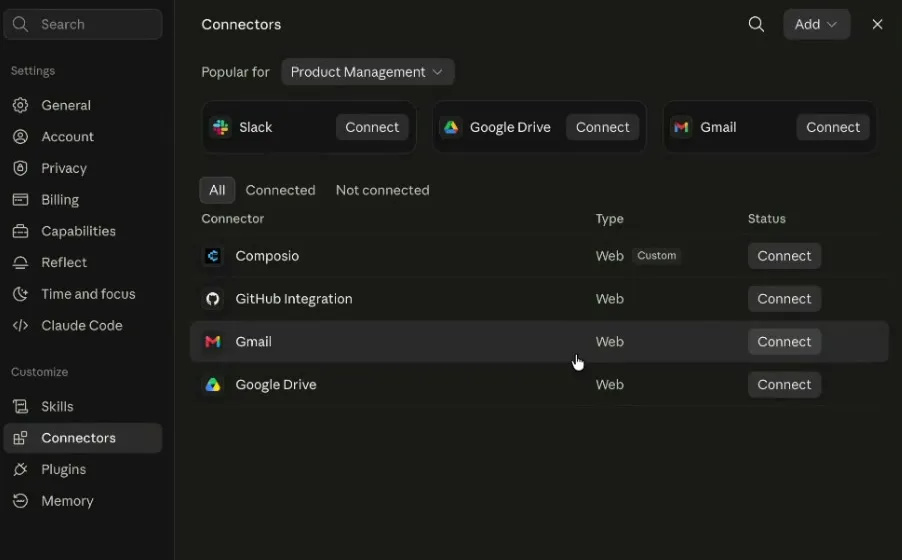 El panel de Conectores en la configuración de Claude: arriba los populares (Slack, Google Drive, Gmail) con botones Connect, y abajo una tabla con Composio marcado como tipo «Web · Custom», GitHub Integration, Gmail y Google Drive, cada uno con su botón Connect.