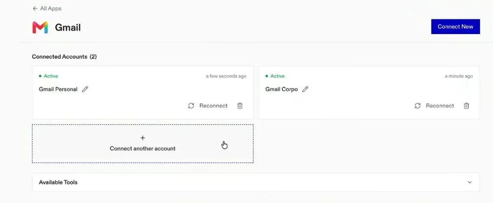 La pantalla de Gmail dentro de Composio con el título «Connected Accounts (2)»: dos tarjetas activas llamadas «Gmail Personal» y «Gmail Corpo», cada una con opciones de reconectar y eliminar, y debajo un recuadro punteado con «Connect another account».