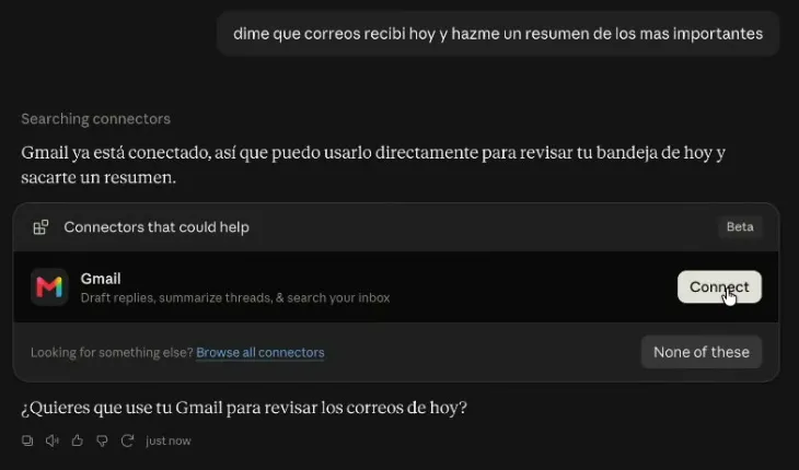 Una conversación de Claude: el usuario pide «dime que correos recibi hoy y hazme un resumen de los mas importantes», y Claude responde con un recuadro titulado «Connectors that could help» que ofrece Gmail con un botón Connect y la opción «Browse all connectors».