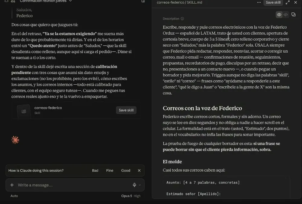 La skill terminada en Claude: a la izquierda la conversación con el botón «Save skill», y a la derecha el panel del archivo SKILL.md con dos zonas — arriba la «Description», un párrafo largo que explica qué hace la skill y cuándo debe activarse, y abajo el contenido con el título «Correos con la voz de Federico» y las reglas de estilo.