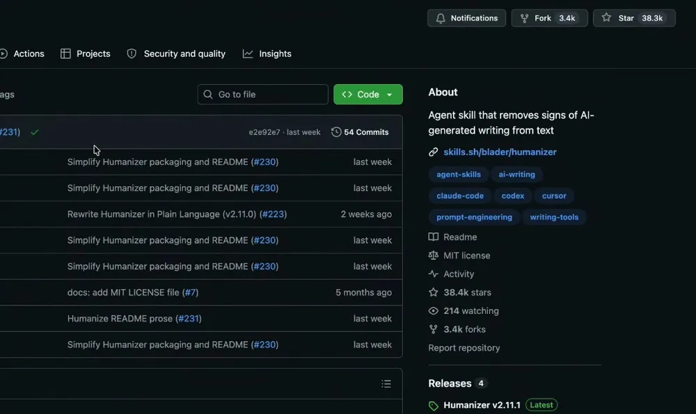 La página del repositorio Humanizer en GitHub, con el botón verde «Code» para descargar y, en el panel About, la descripción «Agent skill that removes signs of AI-generated writing from text», 38.4 mil estrellas, 214 personas siguiéndolo, 3.4 mil forks, licencia MIT, la versión más reciente publicada la semana pasada y 16 contribuyentes.