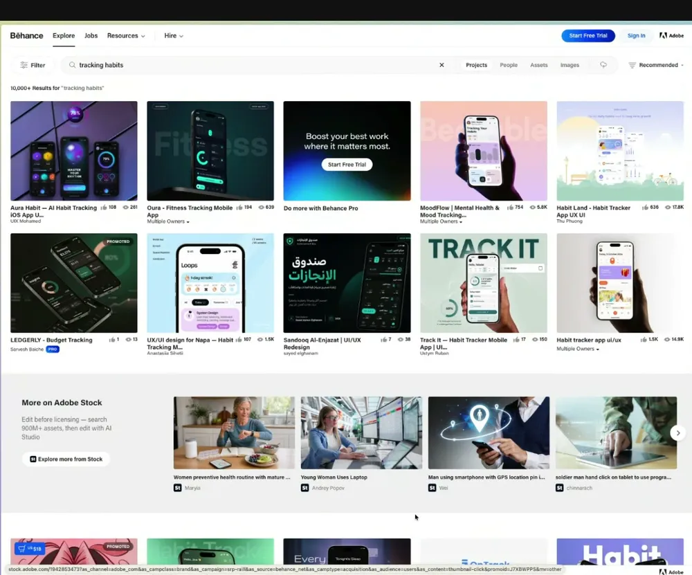 Resultados de Behance para «tracking habits»: una grilla de diez proyectos de diseño de apps de seguimiento de hábitos, con capturas de pantallas moradas, verdes y oscuras, cada una con su nombre y su autor.