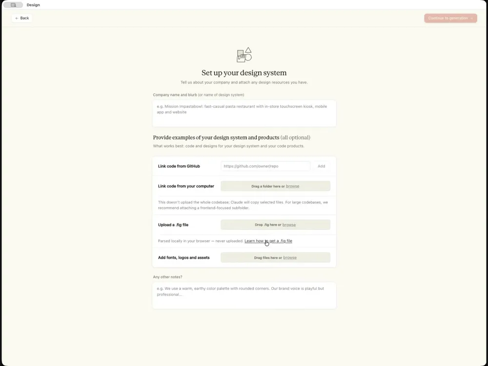 La pantalla «Set up your design system» de Claude Design, con campos vacíos para el nombre de la empresa, ejemplos del sistema de diseño, un enlace a GitHub, un archivo .fig y fuentes o logos.