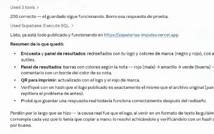 El resumen de Claude Code al terminar el rebranding: encuesta y panel rediseñados con el logo y los colores de marca, barras por color según la nota, QR actualizado, el logo verificado con un hash, y una disculpa: la causa real de la demora fue que el logo, en un formato de texto larguísimo, se corrompía cada vez que había que copiarlo a mano.