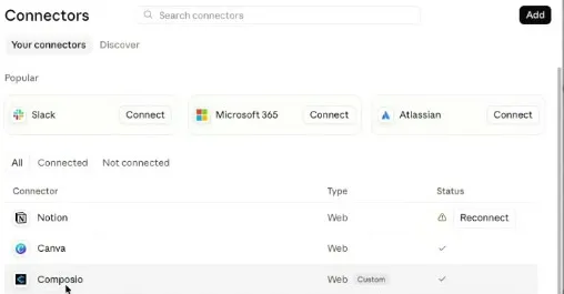 La pantalla de conectores de la app de Claude: arriba los populares (Slack, Microsoft 365, Atlassian) y debajo la lista de conectores de la cuenta, con Composio marcado como conector personalizado y conectado.