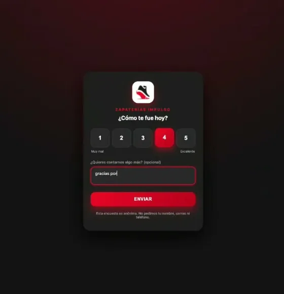 La encuesta con la marca aplicada: fondo oscuro con un degradado rojo, el logo de la zapatilla arriba, la pregunta «¿Cómo te fue hoy?», los cinco botones con el 4 seleccionado en rojo, el comentario a medio escribir y el botón Enviar en rojo.