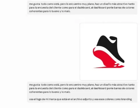 Dos mensajes del usuario en el chat de Claude Code: el pedido de un diseño más atractivo para la encuesta y el panel, con barras de colores coherentes para lo bueno y lo malo; luego el logo de la zapatería adjunto (una zapatilla negra y roja) y la instrucción de usar ese logo y sus colores como branding.