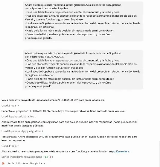 El chat de Claude Code con el Prompt 3 enviado dos veces: la primera con el proyecto «zapaterias impulso» y la segunda con «FEEDBACK CX». Debajo, Claude cuenta que encontró el proyecto, listó sus tablas, creó la tabla respuestas con una migración, obtuvo la dirección y la llave pública, y creó la función api/guardar.js.